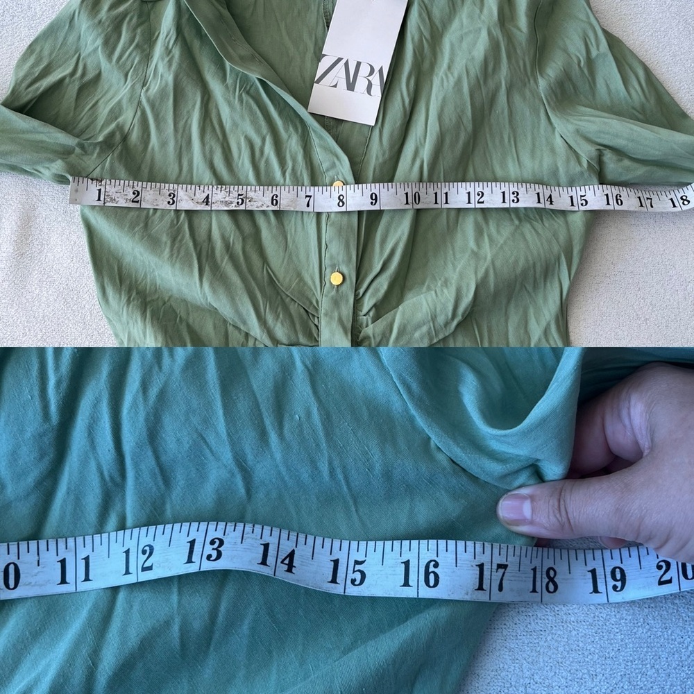 NWT Zara Gathered Linen Blend Shirt Dress S Green Gold Buttons - Picture 11 of 12